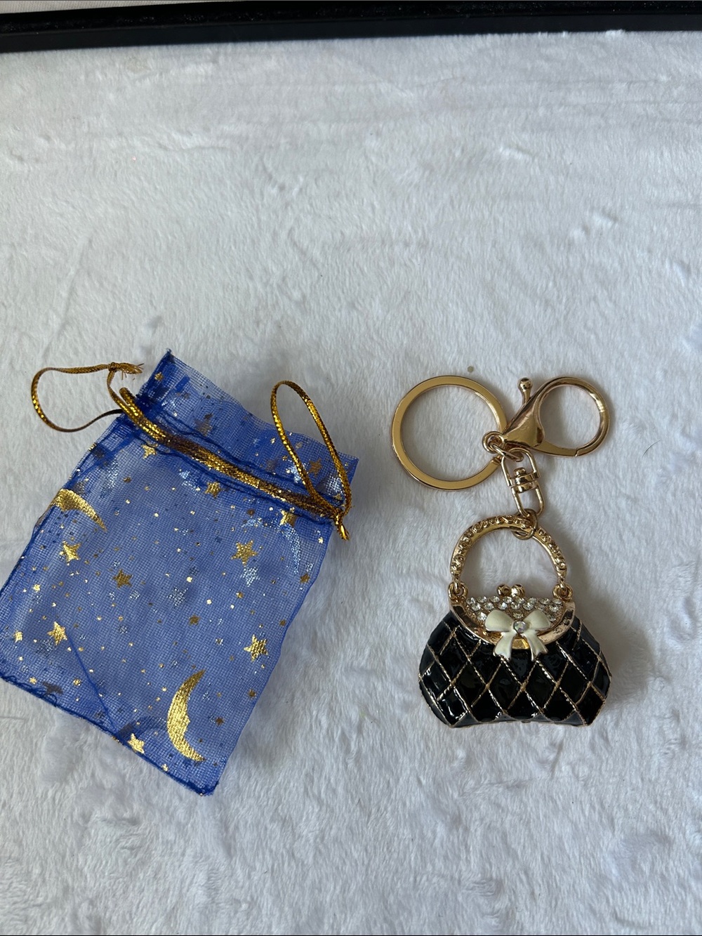 Black Quilted Purse Keychain with Gold Hardware